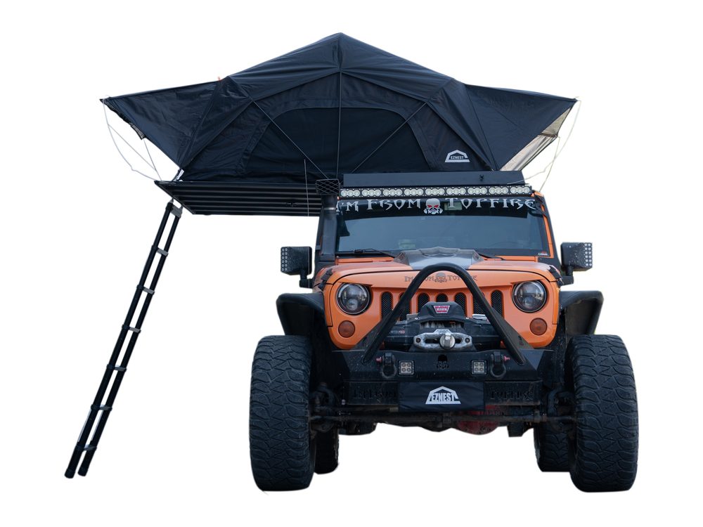 Mid roof tent open on an orange Jeep Wrangler